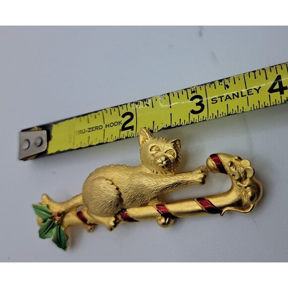 Vintage Women's Cat & Mouse Over Christmas Candy Cane Brooch Pin Gold Tone Red - Picture 4 of 4